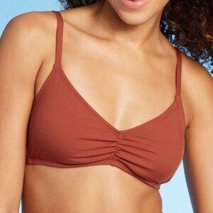 Shade Shore-Women's Shirred Ribbed Bralette Bikini Top-Adjustable Straps-Brown-S